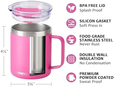 SUNWILL Insulated Coffee Mug, Stainless Steel 14 oz, Splash-Proof Lid