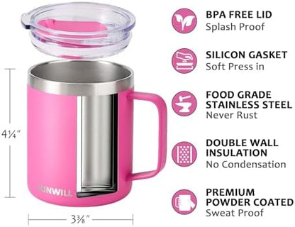 SUNWILL Insulated Coffee Mug, Stainless Steel 14 oz, Splash-Proof Lid