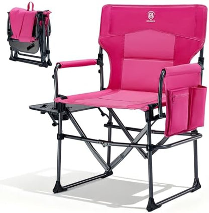 EVER ADVANCED Camping Directors' Chair with Side Table, Portable Folding with Compact Size, Heavy Duty Lawn Chair with Pocket for Camping, Lawn, Sports and Fishing, 400lbs, Pink