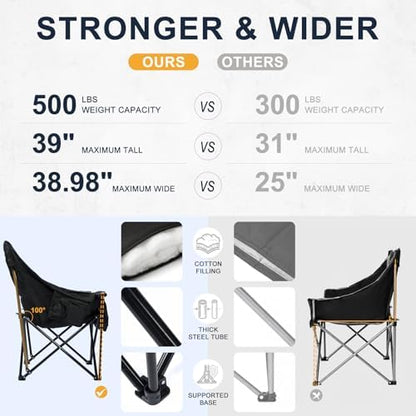 Oversized Camping Chairs for Adult - Heavy Duty Padded Portable Folding Chair XL Collapsible Camp Chair with Cup Holder Cooler Pockets for Outdoor Lawn Beach Sport Fishing Support 500LBS, Blue Grey
