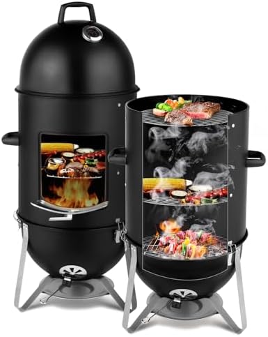 Outvita Vertical 18.8 Inch Steel Charcoal Smoker, 3-in-1 Portable, Black