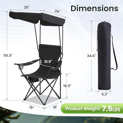 Portable Camping Chair 4 Pack with Foldable Canopy, Folding Outdoor Chair with Cup Holder & Side Pocket for Camping, Hiking, Picnic, Beach (Black)