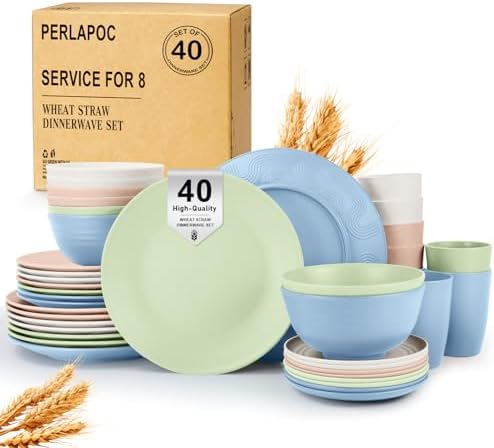 40 PCS Wheat Straw Dinnerware Sets Unbreakable Dishes Set for 8 Plastic Plates and Bowls Sets with Cups Dishwasher & Microwave Safe - Colorful