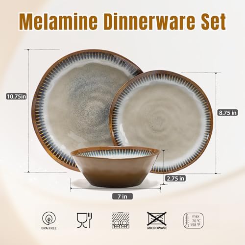 12 Piece Melamine Dinnerware Set, Unbreakable Plate and Bowls Set for 4