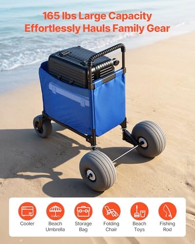 VEVOR Beach Cart, 165LBS Load Capacity, Portable Folding Beach Wagon Dolly with 12" Balloon Wheels for Sand, Storage Bag & 4-Level Adjustable Height for Outdoor Camping Fishing