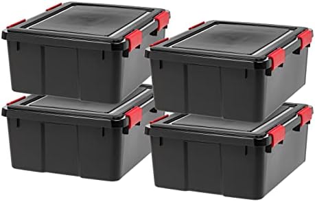 IRIS USA 4-Pack 31 Qt Storage Bins with Gasket Lids, Black/Red