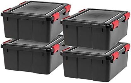 IRIS USA 4-Pack 31 Qt Storage Bins with Gasket Lids, Black/Red
