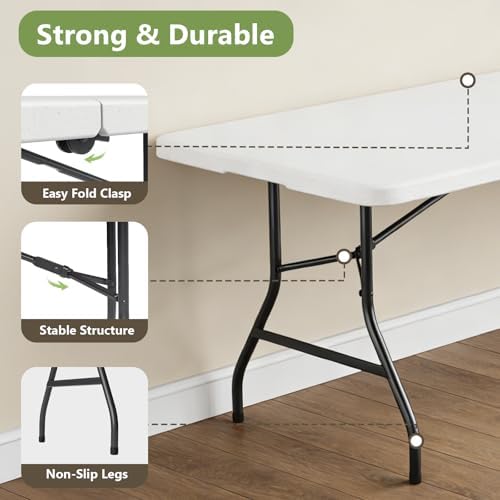 8FT Folding Table, Heavy Duty Plastic Fold-in-Half Utility Table with Handle, Portable Camping Picnic Table with Steel Legs for Indoor Outdoor Party, Dining, White