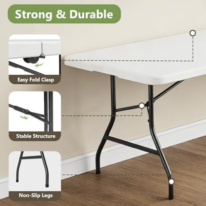 8FT Folding Table, Heavy Duty Plastic Fold-in-Half Utility Table with Handle, Portable Camping Picnic Table with Steel Legs for Indoor Outdoor Party, Dining, White