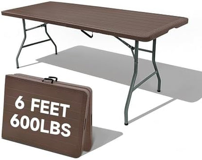 Folding Table 6 Foot, HDPE Wood Grain Pattern,Heavy Duty 600 lbs Capacity, Sturdy Design with Safety Lock, Portable & Foldable for Camping, Party, Indoor & Outdoor Use, 1 Pack.
