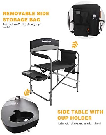 KingCamp Heavy Duty Camping Directors Chairs Supports 400lbs for Adults, Padded Folding Portable Camping Chair with Side Table Storage Pockets Carry Straps