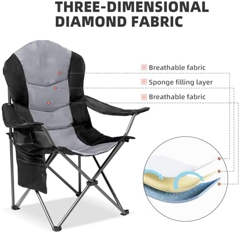 2 Pack Folding Camping Chairs for Adults - High Back Padded Outdoor Lawn Chairs with Lumbar Support & Cup Holder, 400lbs Heavy Duty Portable Camping Chairs Set (Black & Light Gray)