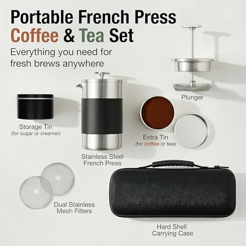 Small French Press Coffee Maker Set - 12 oz | Portable Travel French Press Coffee Maker | Double Wall Insulated with Dual Stainless Filters & 2 Steel Canisters for Grounds, Tea, Creamer & Sugar