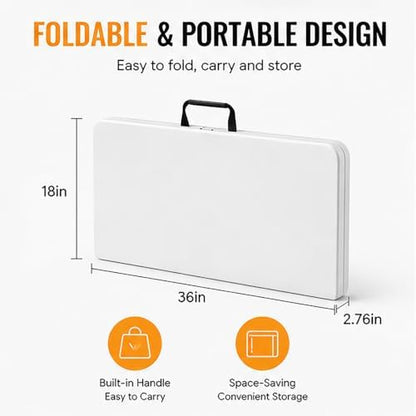 Folding Table, 36in Folding Table Portable with Built-in Handle, Plastic Table with Heavy Duty Steel Legs Supports to 300lbs, Suitable for Party, Camping, Events Indoor&Outdoor Use, White