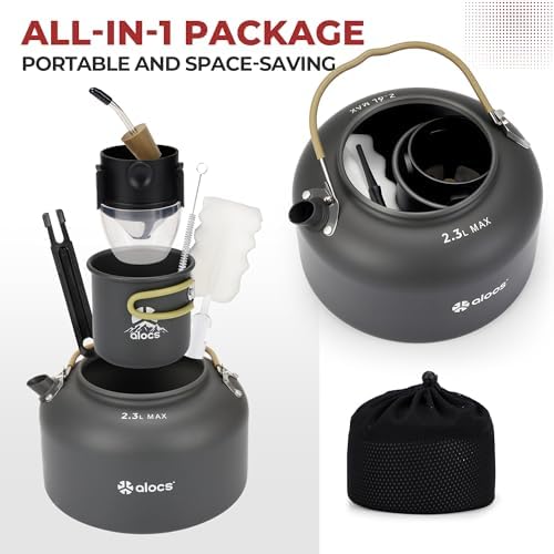 ALOCS 2.3L Portable Kettle with Pour Over Kit & Mug, Camping Coffee Pot Set
