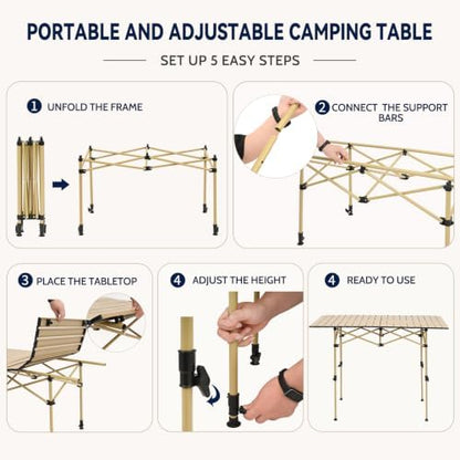 Portable Folding Camping Table, Adjustable Height, Beige, 47 x 21 in