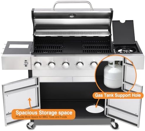 6 Burner Propane Gas Grill with Side Burner, Cast Iron Grates & Griddle Combo, Large Cabinet BBQ with Warming Rack for Backyard Patio, 620 SQ. IN. Cooking Area