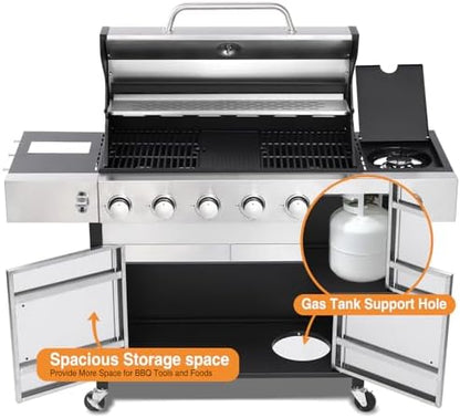 6 Burner Propane Gas Grill with Side Burner, Cast Iron Grates & Griddle Combo, Large Cabinet BBQ with Warming Rack for Backyard Patio, 620 SQ. IN. Cooking Area