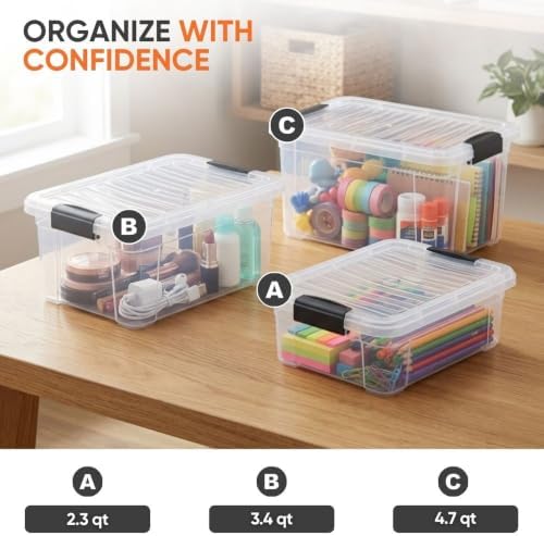 Superio Clear Storage Boxes with Lids, 3.5 Quart Plastic Container Bins for Organizing, Stackable Crates, BPA Free, Non Toxic, Odor Free, Organizers for Home, Office and Dorm, 5 Pack
