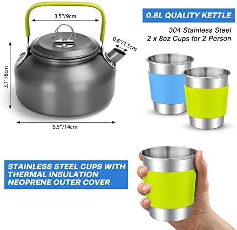 Odoland 15pcs Camping Cookware Mess Kit, Lightweight Pot Pan Kettle Set