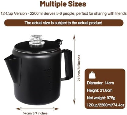 12 Cup Percolator 304 Stainless Steel Coffee Pot Coffee Maker Coffee Machine with Solid Wood Handle Transparent Knob Stovetop Greca Mocha for Induction Home and Camping 2200ml 74.4oz