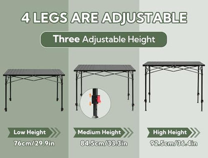 Portable Outdoor Adjustable Height Camping Table, Large for 2-6 Person