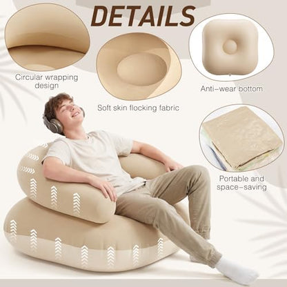 Novabright 2 Pcs Inflatable Chairs for Adults Blow Up Games Chairs Folding Portable Flocking Inflatable Sofa for Living Room Learning Camping Party (Khaki)