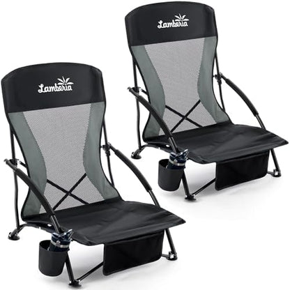 Lamberia Folding Beach Chair for Adults 2 Pack, Portable Low Beach Chairs with 300lbs Capacity, Lightweight Fodable Camping Chair for Travel, Picnic, Concert & Outdoor Activities,Black-Grey