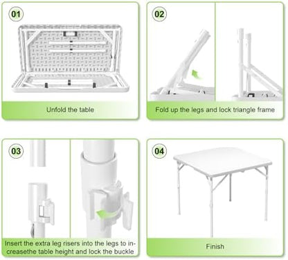 34" Square Folding Table, Plastic Card Table with Carrying Handle, Fold-in-Half Utility Portable Dining Tables Indoor Outdoor for Kitchen, Party, Picnic, Camping, Office, Wedding, White