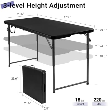 Folding Table 4 Foot, Adjustable Height Plastic Fold-in-Half Table, Black