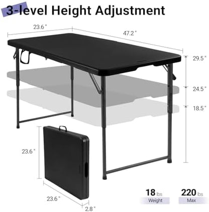 Folding Table 4 Foot, Adjustable Height Plastic Fold-in-Half Table, Black