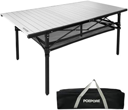 Large Folding Camping Table Aluminum with Storage for 4-6 People 55"X27.5" Roll Up Tall Outdoor Portable Table Lightweight with Carry Bag for Picnic BBQ Backyard Beach
