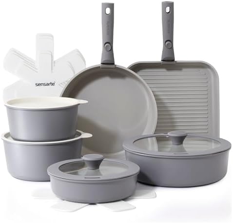 SENSARTE 17 Piece Ceramic Detachable Handle Pots and Pans Set Gray