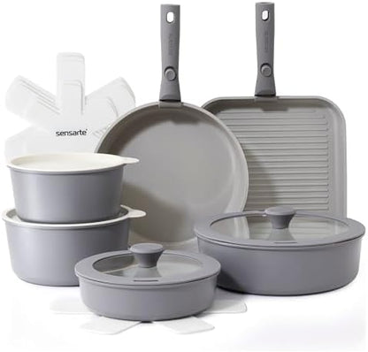 SENSARTE 17 Piece Ceramic Detachable Handle Pots and Pans Set Gray