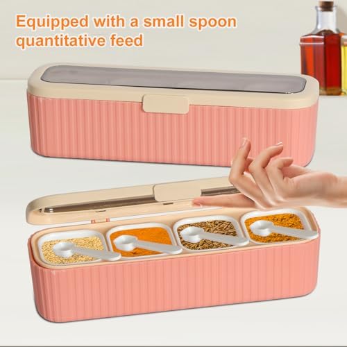 Clear Seasoning Box, 4 Packs Seasoning Rack Spice Pots, Condiment Jars Seasoning Box with Clear Covers and Spoons for Spice, Sugar, Salt, Pepper, Garlic Powder (Pink)