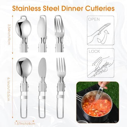 Funnymoom 15 Pcs Camping Cookware Mess Kit Outdoor Cooking Set Stainless Steel with Pot and Pan Kit 2 Set Stainless Steel Cups Plates Forks Knives Spoons for Camping Backpacking Cooking Picnic