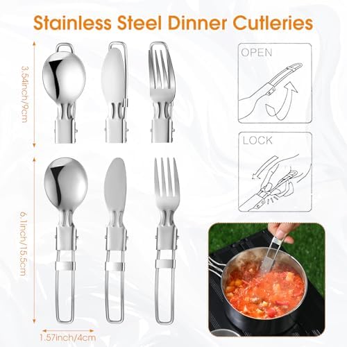 Funnymoom 15 Pcs Camp Cooking Set Stainless Steel Camping Cookware Mess Kit with Pot Pan and Stove 2 Set Stainless Steel Cups Plates Forks Knives Spoons for Camping Backpacking Outdoor Cooking Picnic