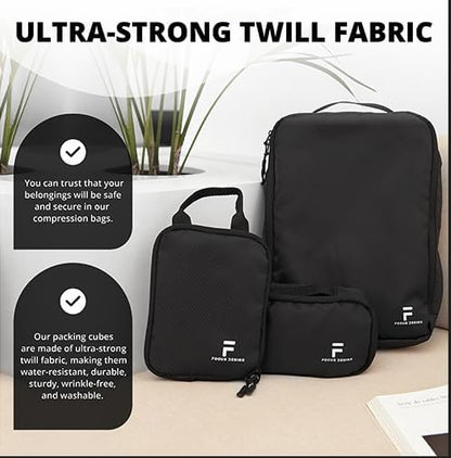 8 Piece Compression Packing Cubes Set - Double Capacity Design for Travel - Small, Medium & Large Sizes - Carry-On Suitcase Organizer Bags (Black)