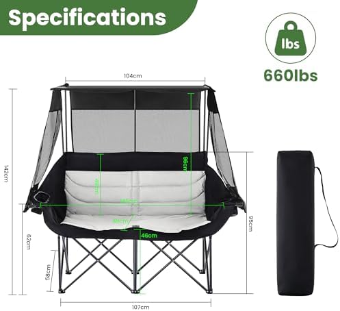 Asrug Padded Double Camping Chair with Canopy 2 Person Portable Camping Chair Loveseat with Cup Holders and Side Pockets Heavy Duty Camp Couch for Outdoor Fishing 650lbs Support (Black & Light Gray)