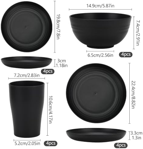16Pcs Black Unbreakable Dinnerware Set Plates Bowls Cups for 4