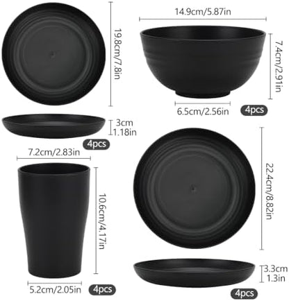 16Pcs Black Unbreakable Dinnerware Set Plates Bowls Cups for 4