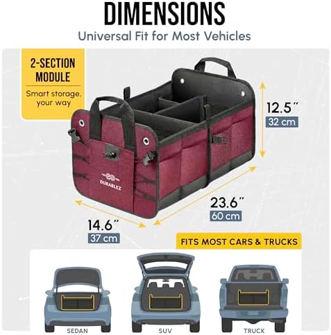 Car Trunk Organizer - Collapsible, Foldable - with Covering Net, Removable Dividers, Attachable Non-Slip Pads, Mounting Straps, and Stainless Hooks - for SUV, Truck, Sedan, Minivan, and Van - Cherry