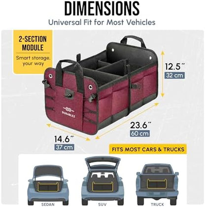 Car Trunk Organizer - Collapsible, Foldable - with Covering Net, Removable Dividers, Attachable Non-Slip Pads, Mounting Straps, and Stainless Hooks - for SUV, Truck, Sedan, Minivan, and Van - Cherry