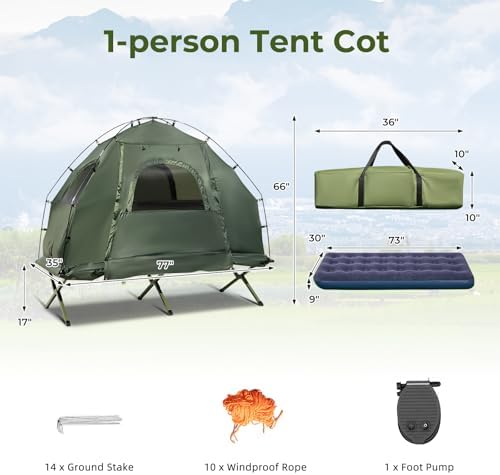 GYMAX Tent Cot, 5-in-1 Folding Camping Cot with Mattress & Pillows, Sleeping Bags, Sunshade, Camping Tent Elevated with Carrying Bag for Outdoor Hiking, Fishing, Picnic (1-Person)