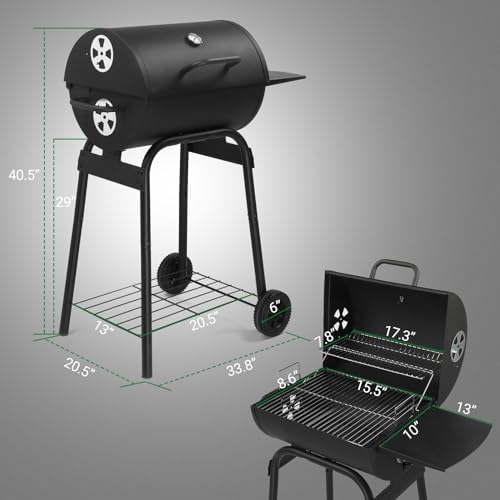 33.8" Portable Barrel Charcoal Grill,Metal Outdoor Barbecue Smoker,Heavy Duty Outdoor BBQ Grill,Vertical Camping Barbecue Grill,with Side Table & Wheels,for Garden Patio Beach Backyard (Black)