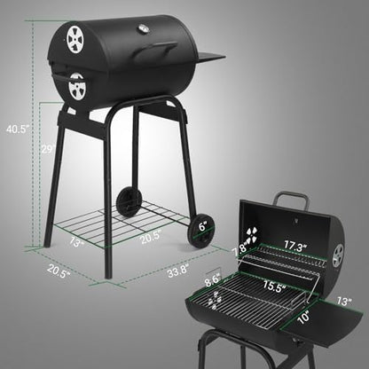 33.8" Portable Barrel Charcoal Grill,Metal Outdoor Barbecue Smoker,Heavy Duty Outdoor BBQ Grill,Vertical Camping Barbecue Grill,with Side Table & Wheels,for Garden Patio Beach Backyard (Black)