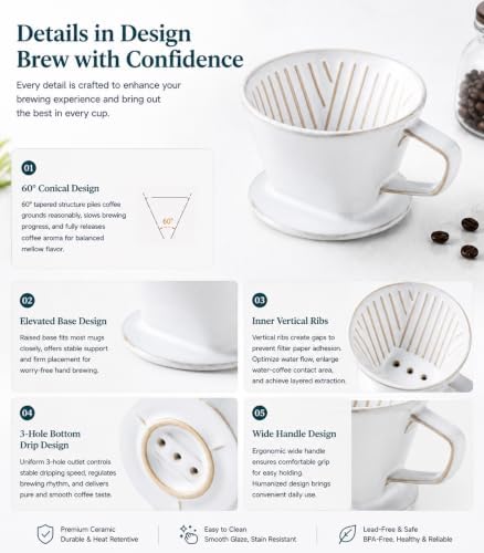 Gomakren Ceramic Pour Over Coffee Dripper, 3-Hole Cone Brewer, White