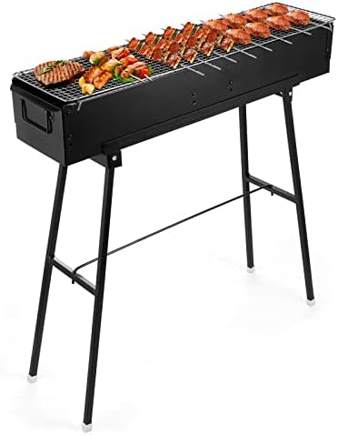 IRONWALLS Portable Charcoal Grill 32 Inch, Black Folding Stainless Steel Barbecue Grill for Outdoor Cooking, Large Lamb Skewer Grill for Patio, Party, Picnic, Travel, Camping, Home & Commercial Use