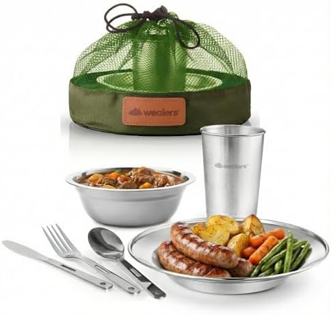 Unique Complete Messware Kit Polished Stainless Steel Dishes Set| Tableware| Dinnerware| Camping| Includes - Cups | Plates| Bowls| Cutlery| Comes in Mesh Bags