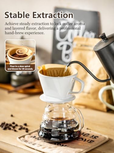 Gomakren Ceramic Pour Over Coffee Dripper, 3-Hole Cone Brewer, White